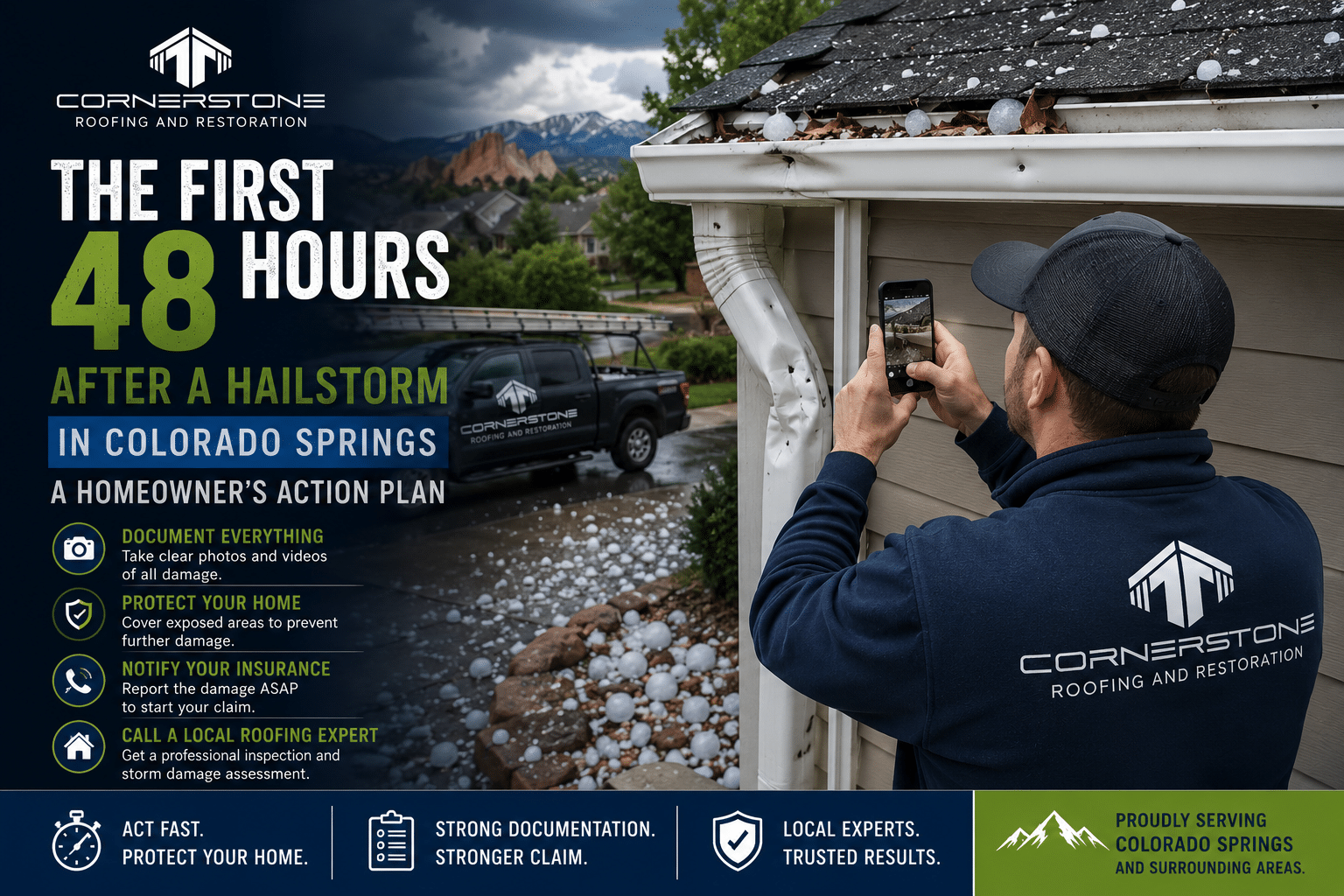 Roofer in a Cornerstone hoodie photographing a dented gutter packed with golf-ball hail after a storm