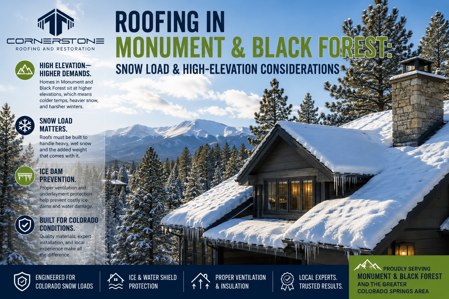 Cornerstone graphic on snow load, ice dams and ventilation beside a snow-covered gabled home with icicles